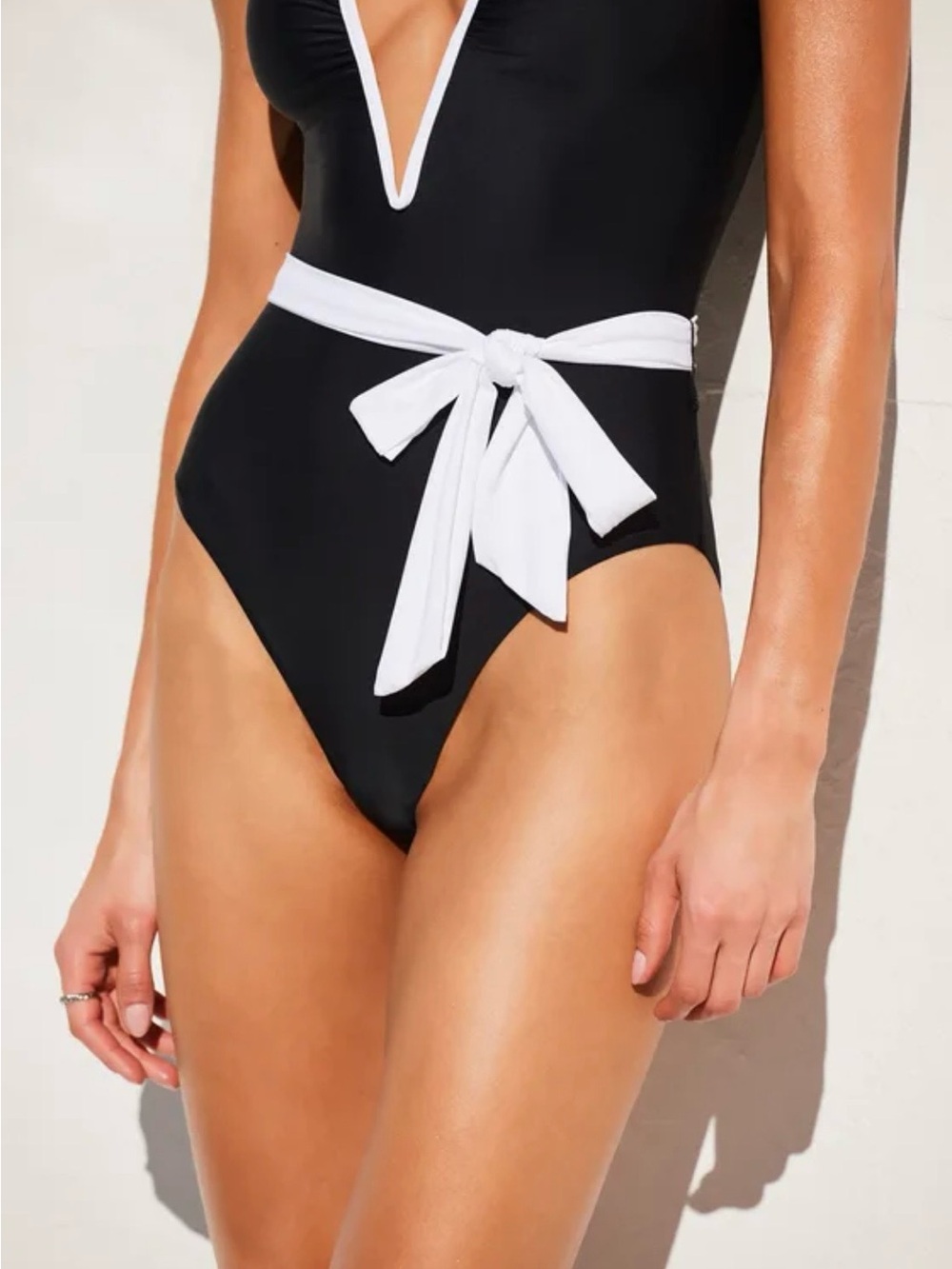 Lulu’s Black One-Piece Swimsuit with White Trim and Waist Tie - Picture 3 of 8